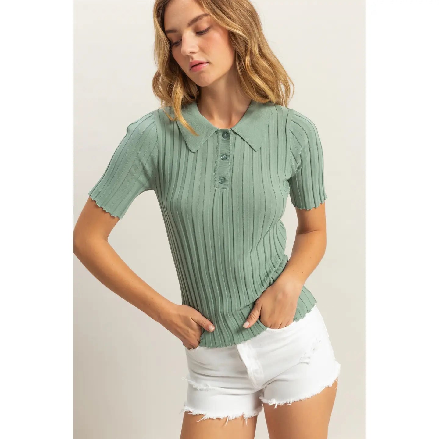 Sage Green Ribbed Knit Collared Short Sleeve Top