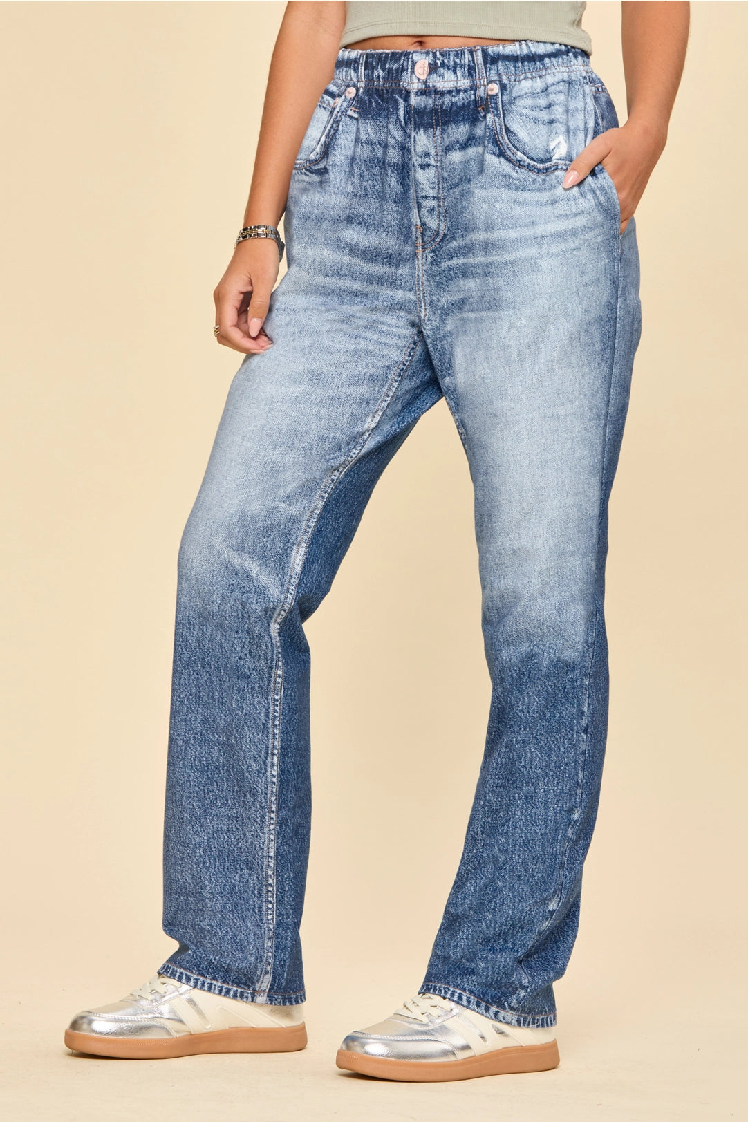 High Rise Elastic Waist Straight Leg Jeans in Vintage Ombre Wash