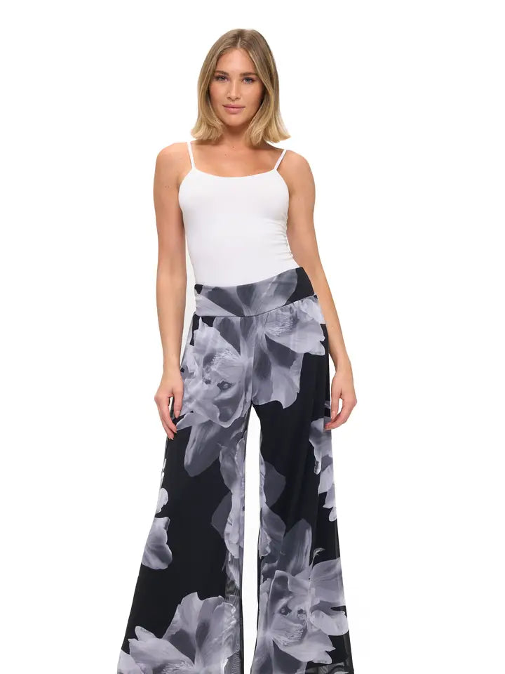 Monochrome Floral Wide Leg Palazzo Pants