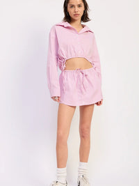 Pink Striped Drawstring Mini Skirt with Button Front Detail