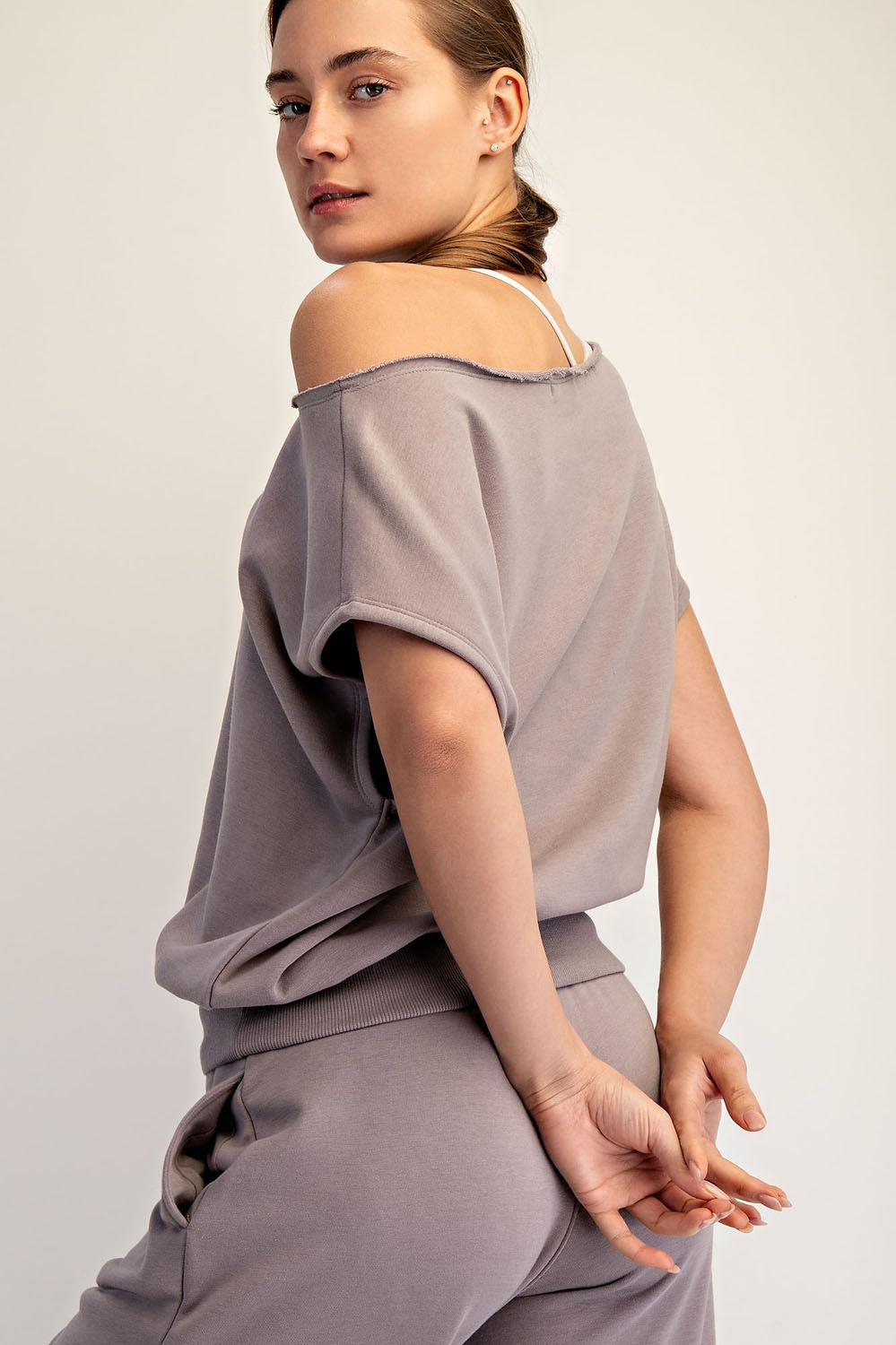 Nude Off-Shoulder Relaxed Fit Lounge Top