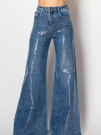 High-Waisted Wide-Leg Jeans with Glossy Croc-Effect Finish