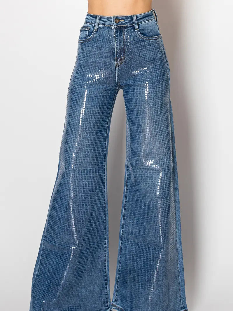 High-Waisted Wide-Leg Jeans with Glossy Croc-Effect Finish