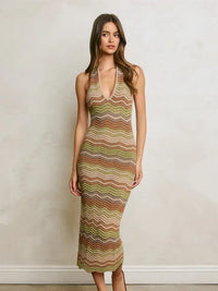 Chevron Knit Halter Midi Dress with Open Back