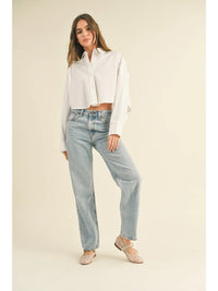 White Cropped Button-Up Long Sleeve Shirt Top