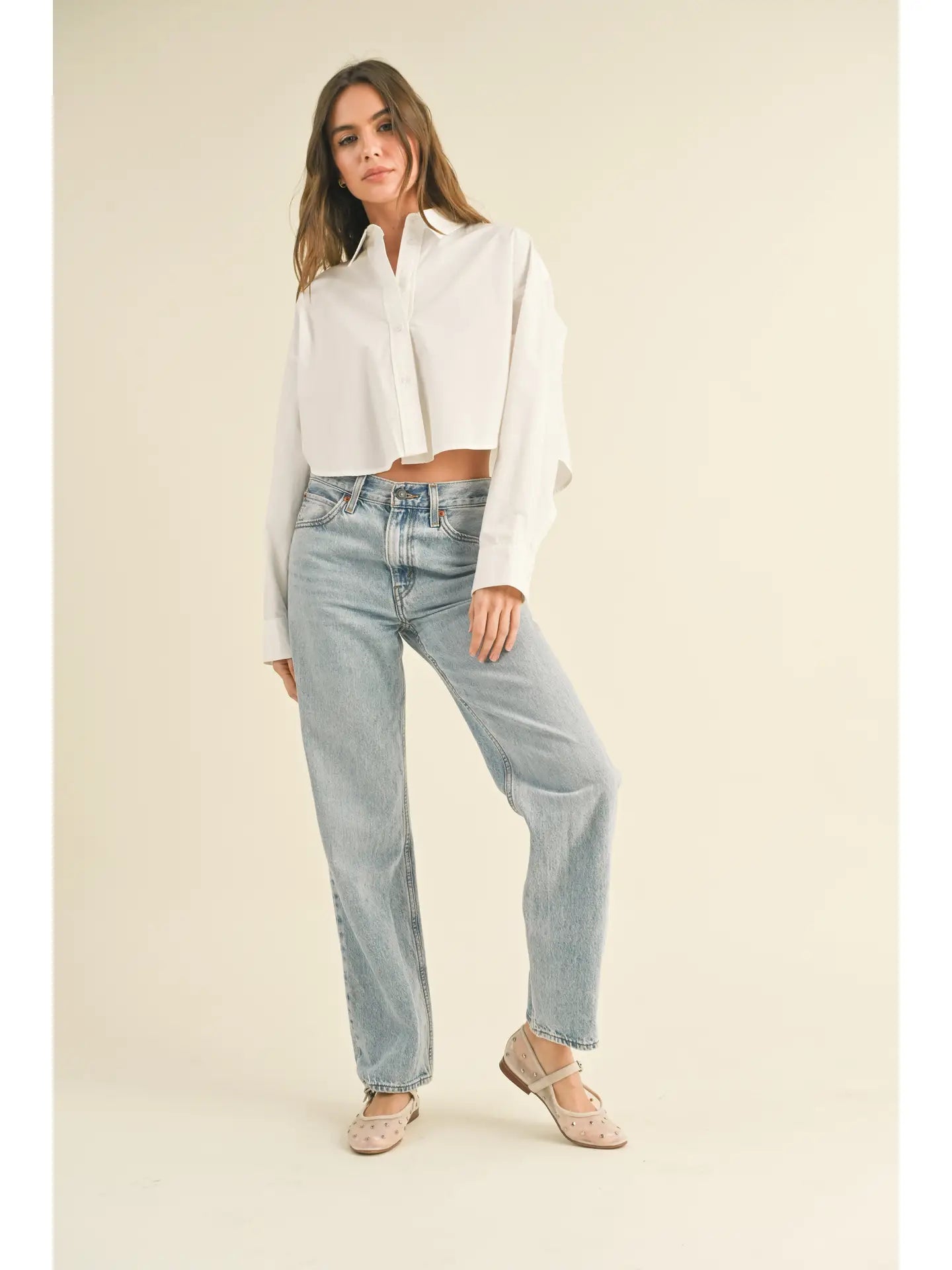 White Cropped Button-Up Long Sleeve Shirt Top