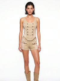 Ribbed Contrast Napoleon Button Sleeveless Tank Top and Shorts Set