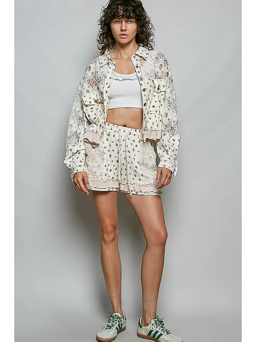 Nude Floral Lace Trim Ruffle Shorts