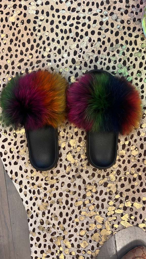 Rainbow Fox Fur Fluffy Slide Sandals