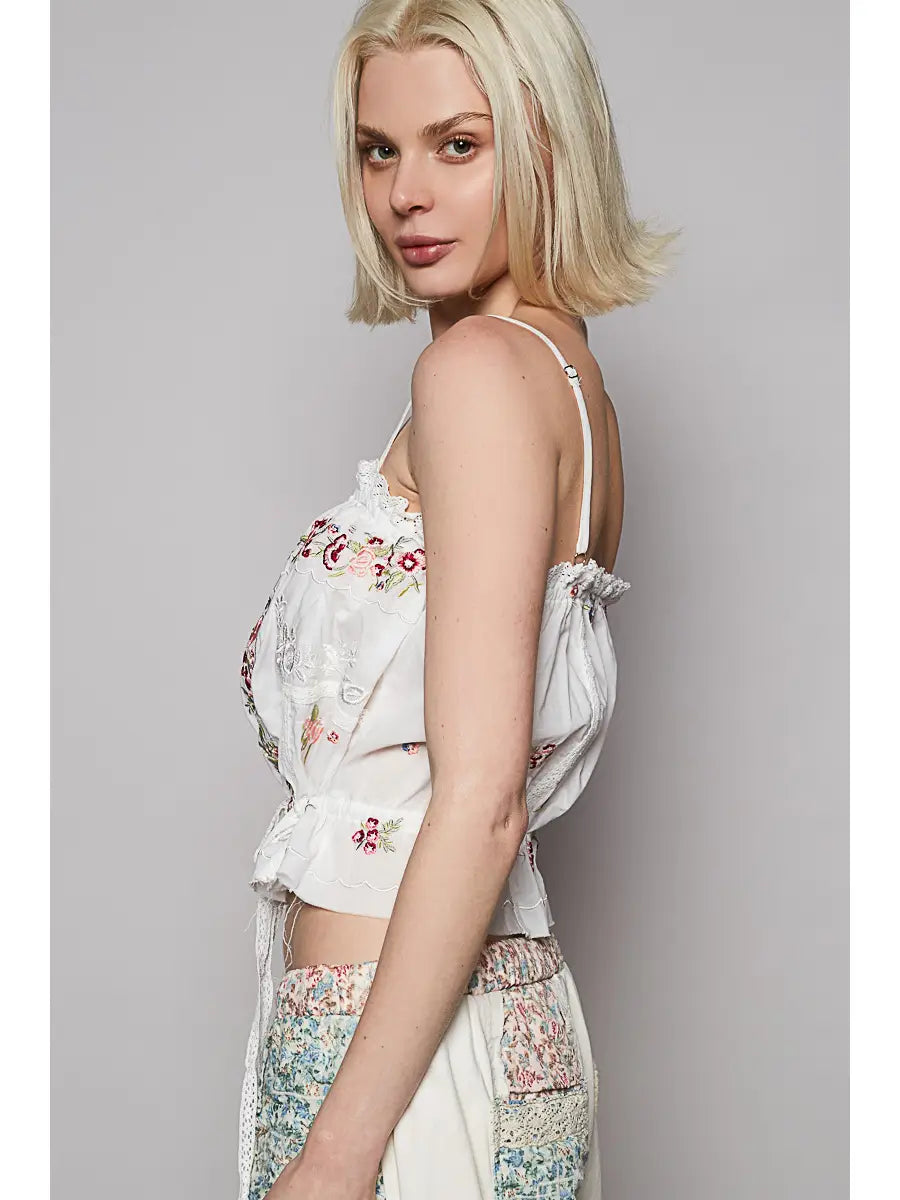 White Embroidered Trim Sleeveless Poplin Top