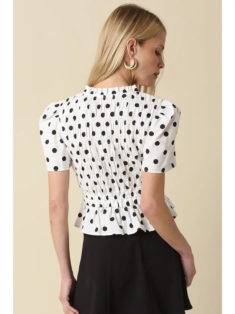 Polka Dot Smocked Peplum Top with Lace-Up Front and Puff Sleeves