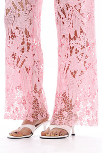 Pink Wide Leg Jeans with Sheer Floral Lace Panels