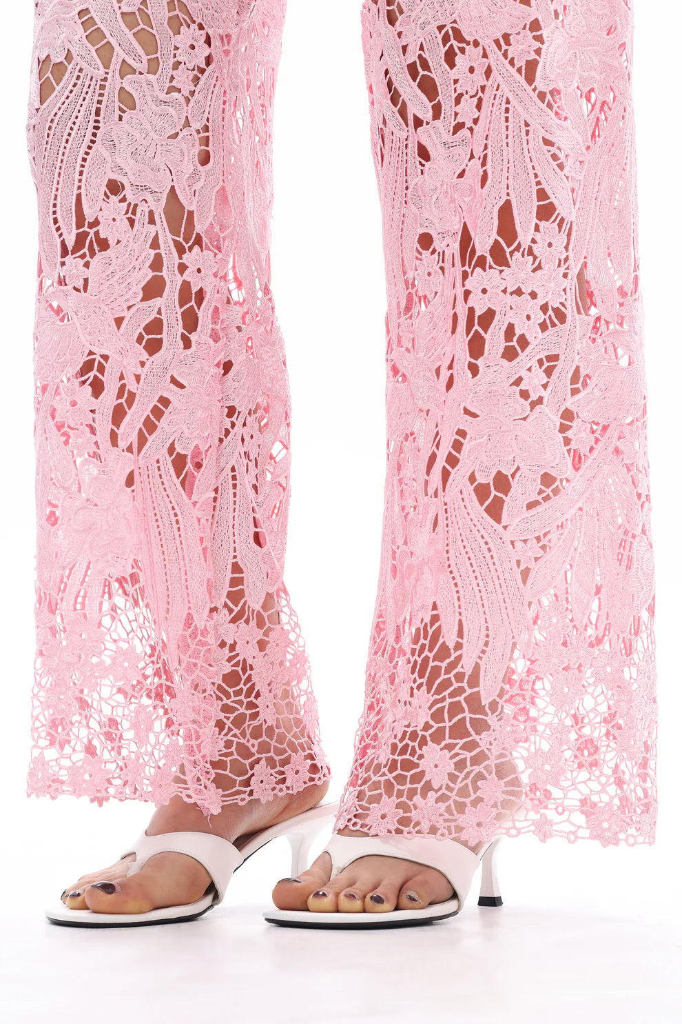 Pink Wide Leg Jeans with Sheer Floral Lace Panels