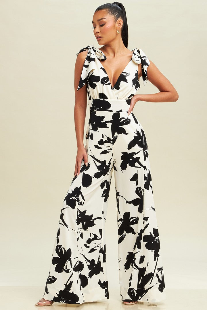 FLORAL TIES FLARE JUMPSUIT