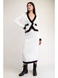 Chic White and Black Trim Cropped Knit Cardigan Top