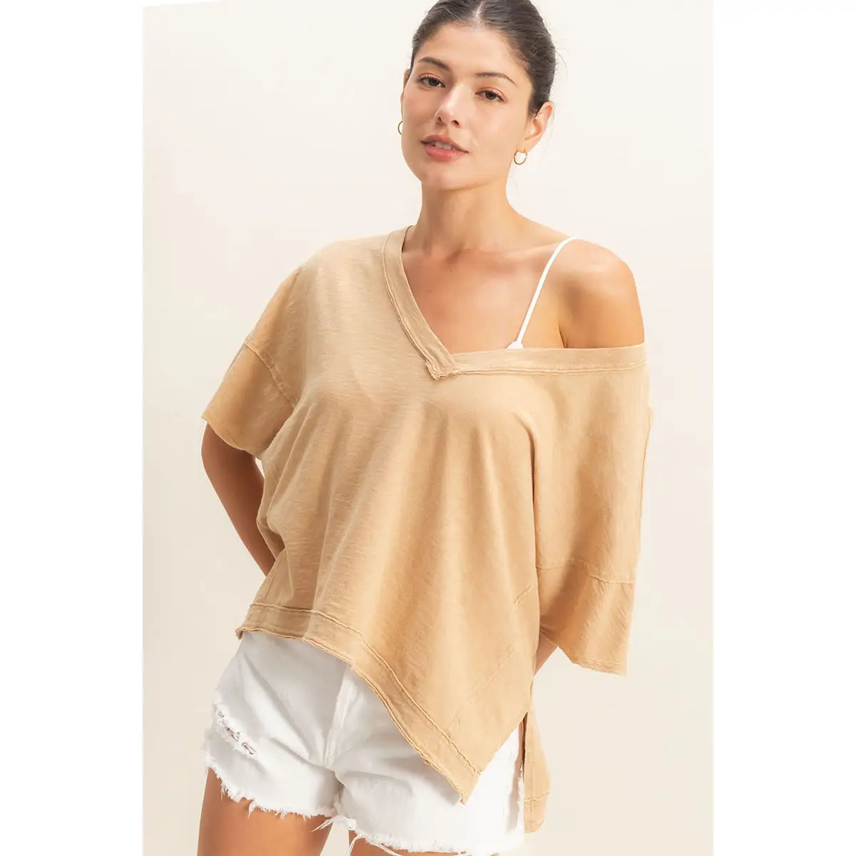 Nude Green Oversized V-Neck Raw Edge Tee