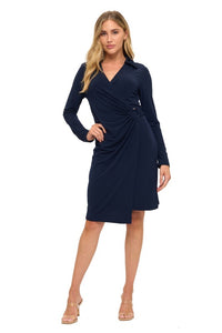 Navy Blue Long Sleeve Collared Wrap Dress with Side Tie Detail