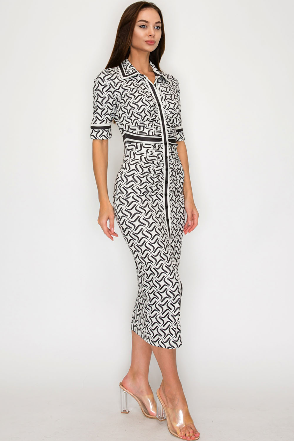 Geometric Print Button Down Short Sleeve Midi Dress