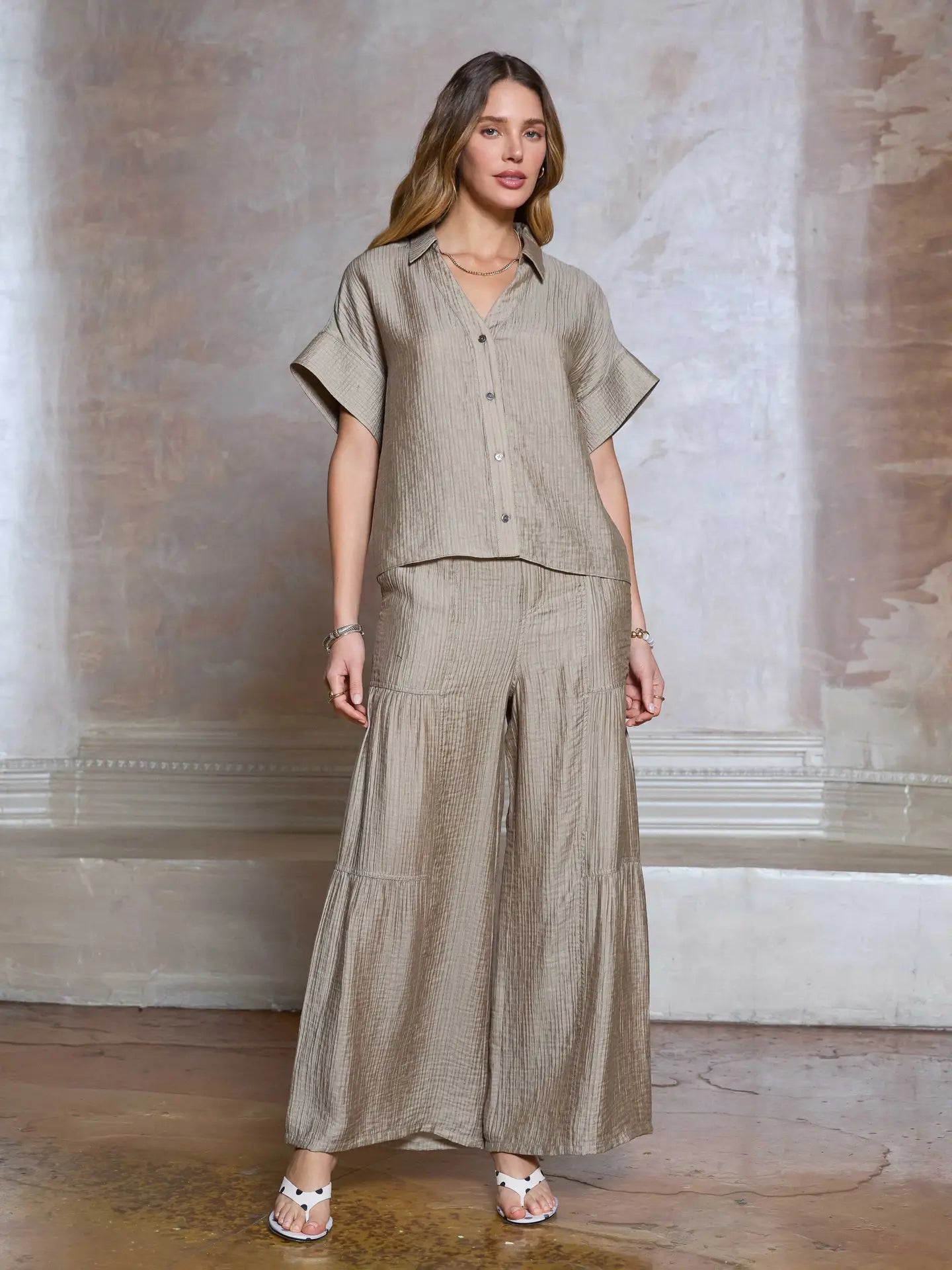 Nude Textured Wide Leg Tiered Pants