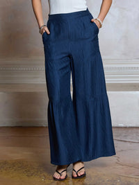 Blue Textured Wide Leg Tiered Pants