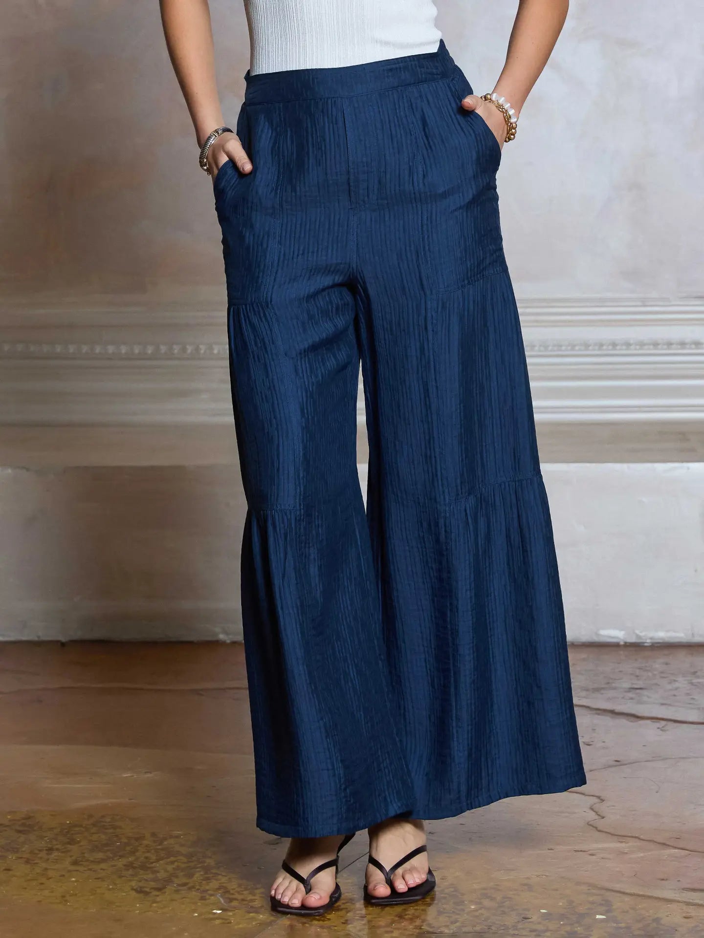 Blue Textured Wide Leg Tiered Pants