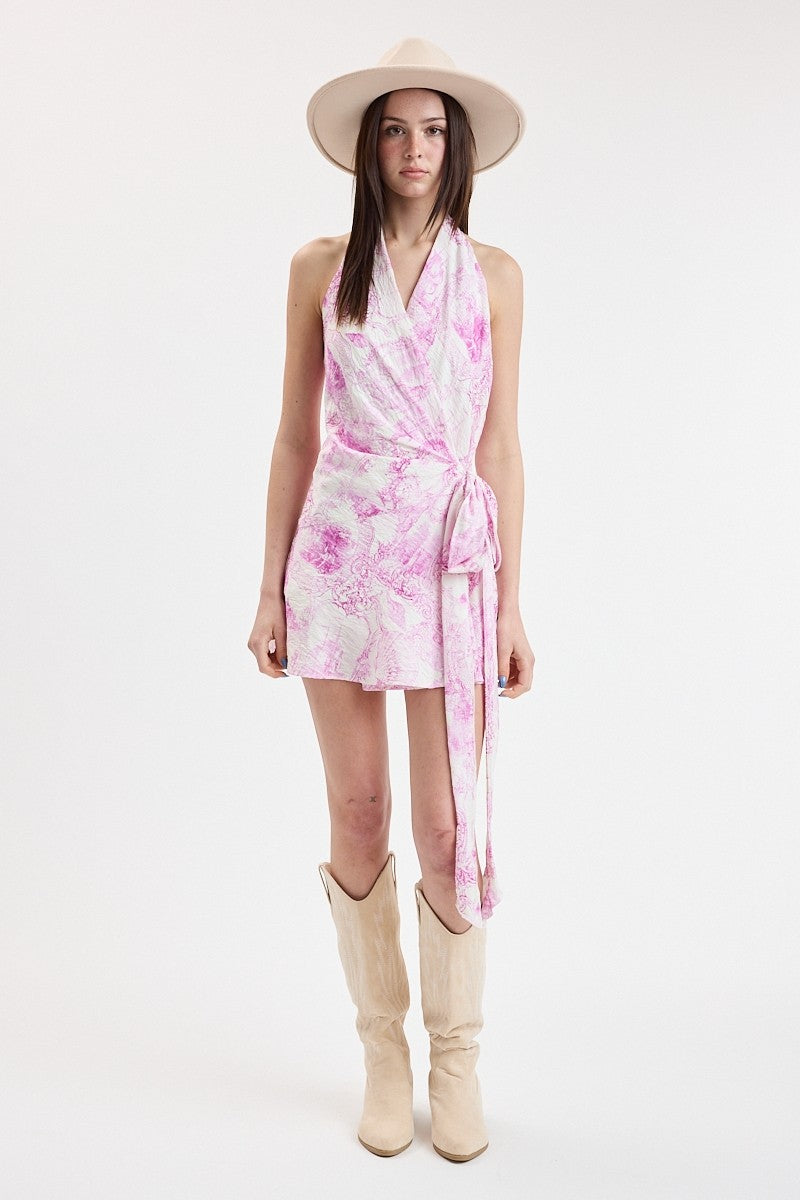 Pink Toile Halter Wrap Mini Dress
