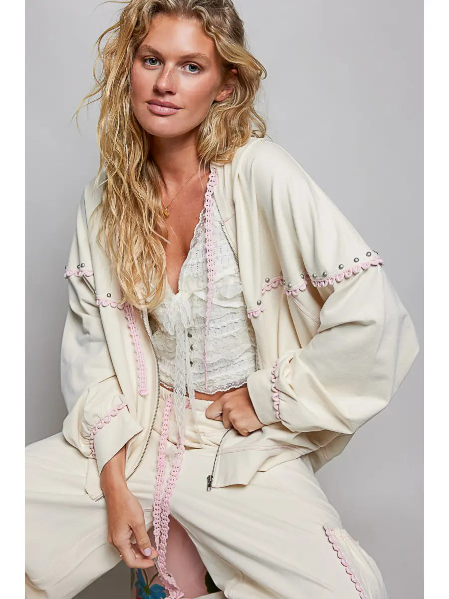Cropped Zip-Up Hoodie with Stud Detail and Contrast Trim