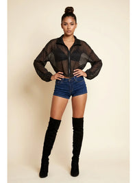 Cropped Pinstripe Button Down Shirt with Contrast Cuffs
