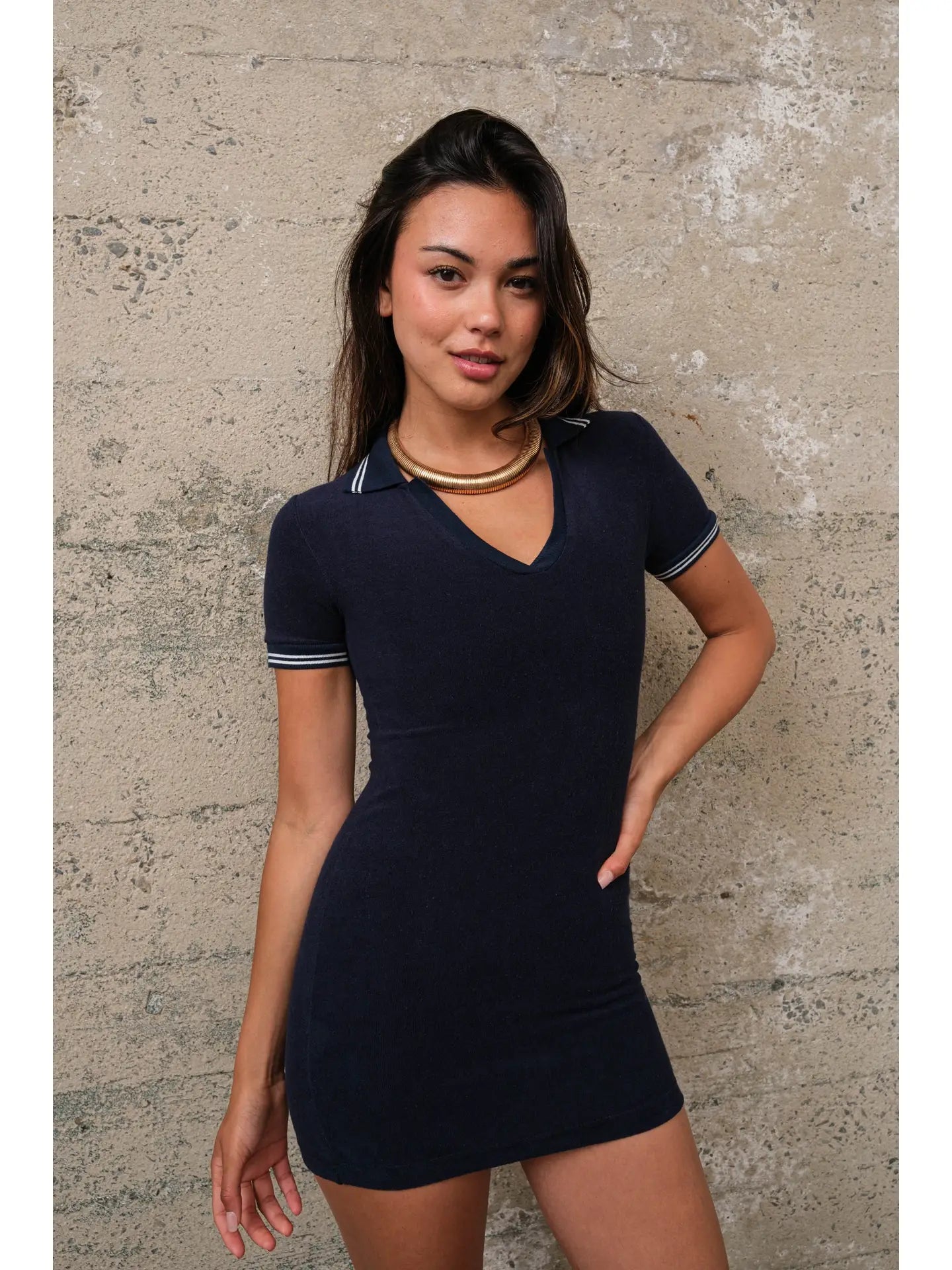 Blue Short Sleeve Polo Collar Mini Dress with Contrast Trim