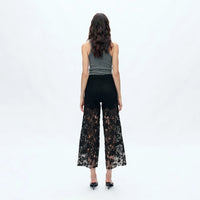 Black Wide Leg Jeans with Sheer Floral Lace Panels