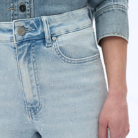 Lace Overlay High Waist Denim Pants in Light Wash