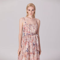 Floral Organza Midi Dress with Spaghetti Straps and Waist Tie