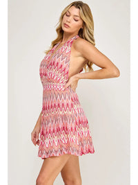 Pink Chevron Halter Neck Flowy Mini Dress
