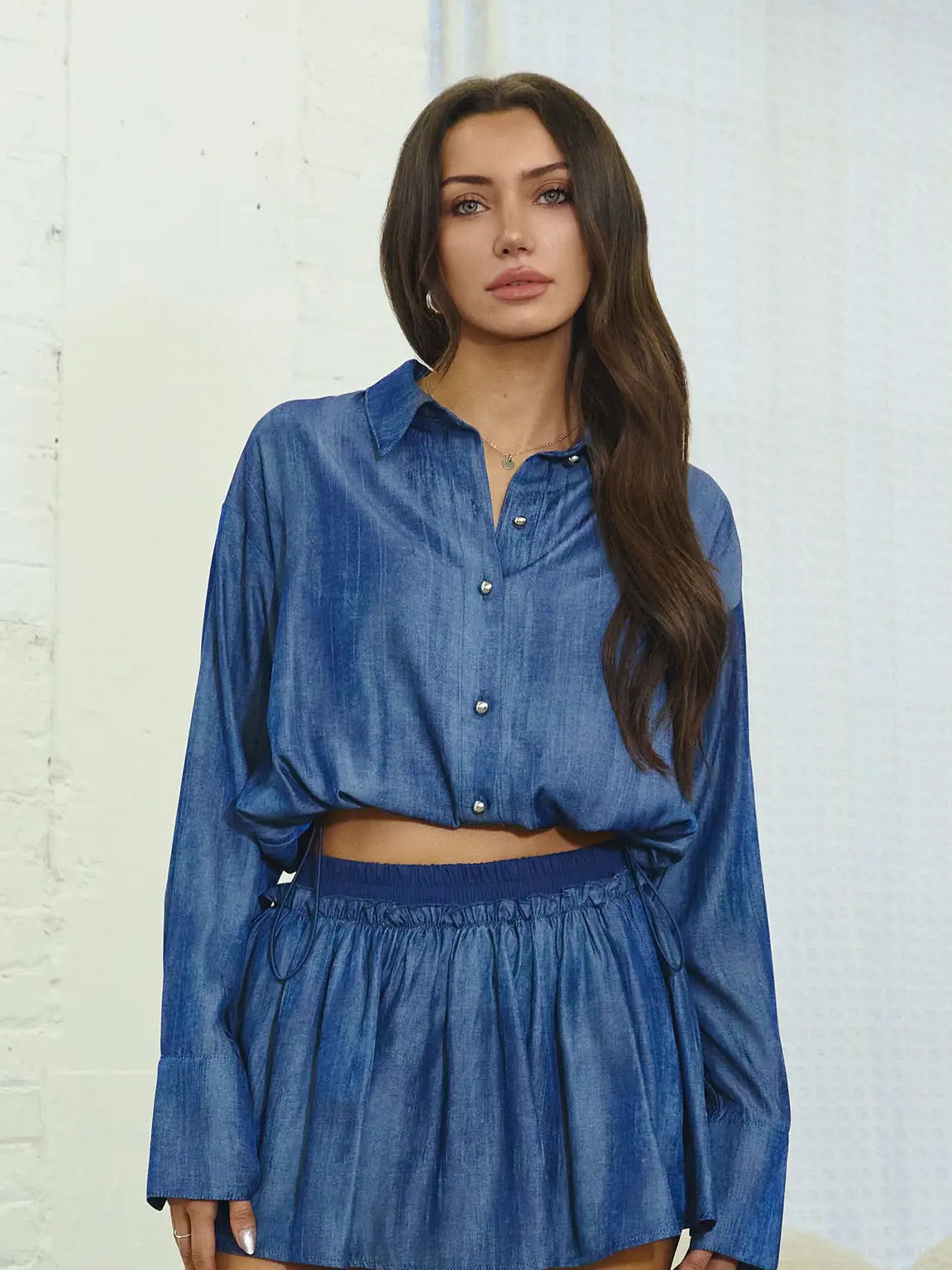 Chambray Button Down Crop Top with Ruffle Hem