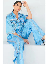 Relaxed Denim Print Button-Up Top and Wide-Leg Pant Set