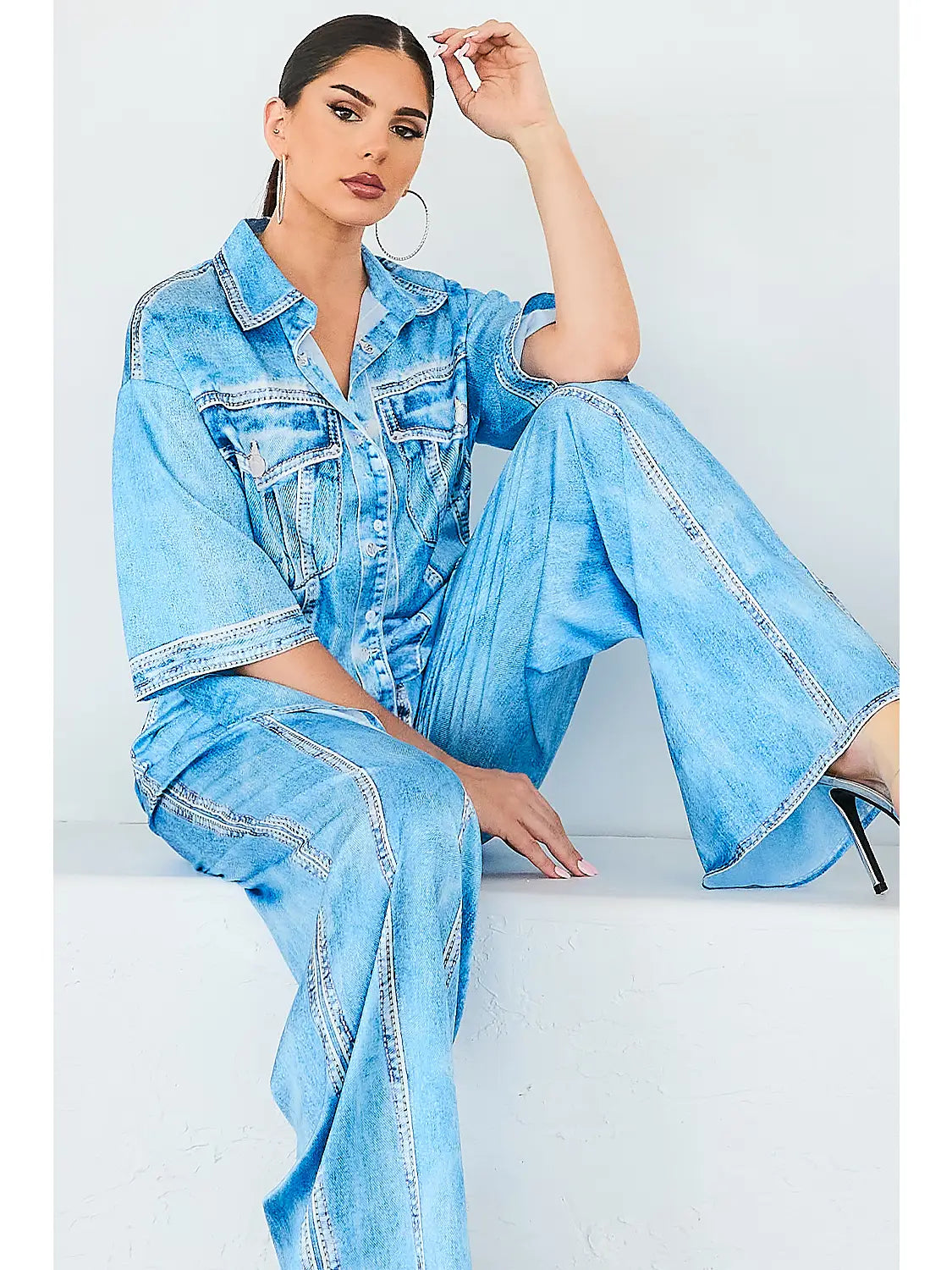 Relaxed Denim Print Button-Up Top and Wide-Leg Pant Set