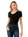 Asymmetric Neckline Black Tee with Gold Shoulder Buttons