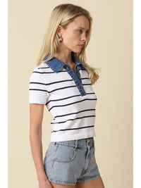 Striped Knit Polo Top with Denim Collar and Cropped Fit