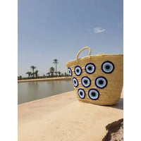 Moroccan Straw Tote Bag with Evil Eye Design French Market Basket