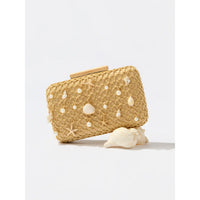 Seashell Charm Woven Straw Clutch with Pearl Accents