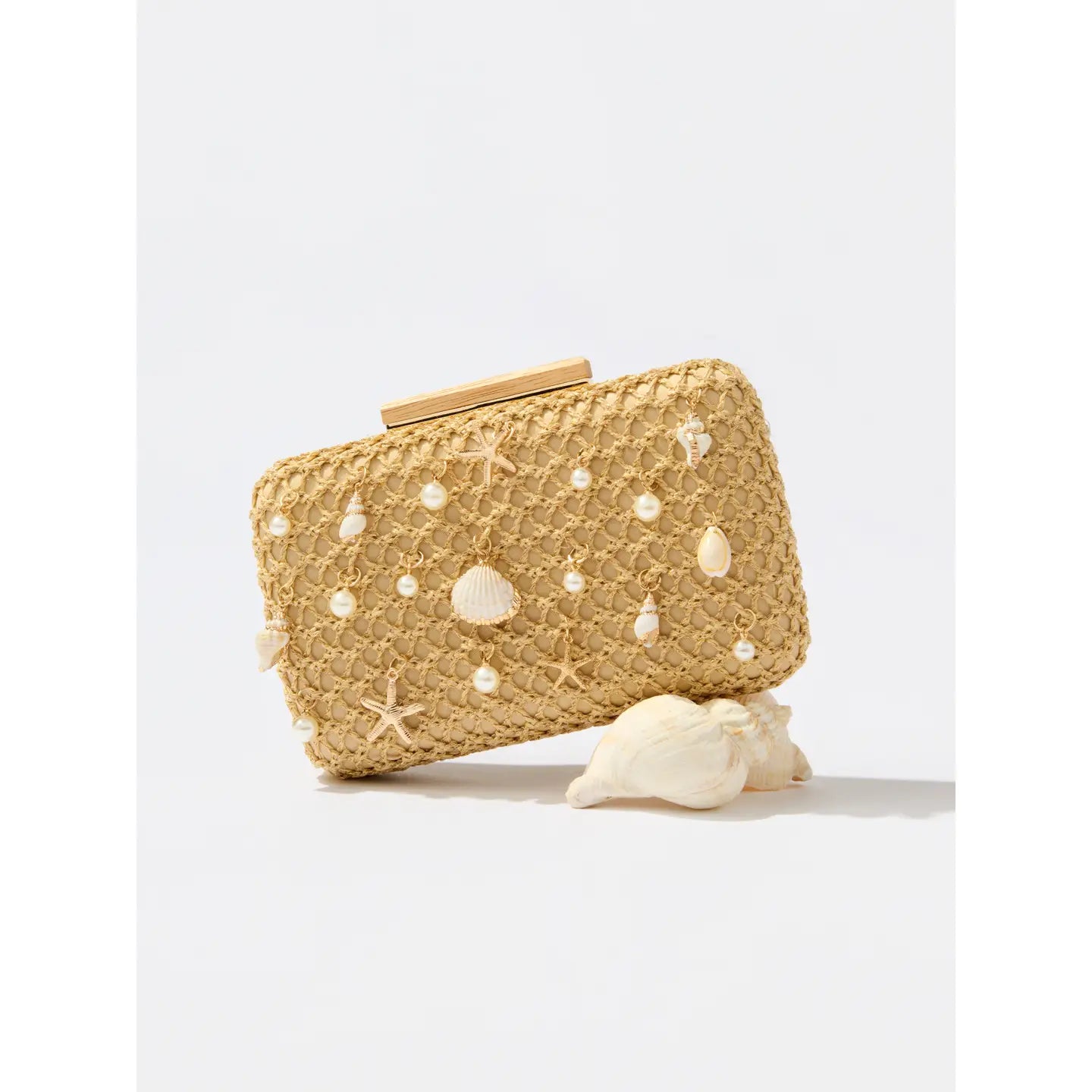 Seashell Charm Woven Straw Clutch with Pearl Accents