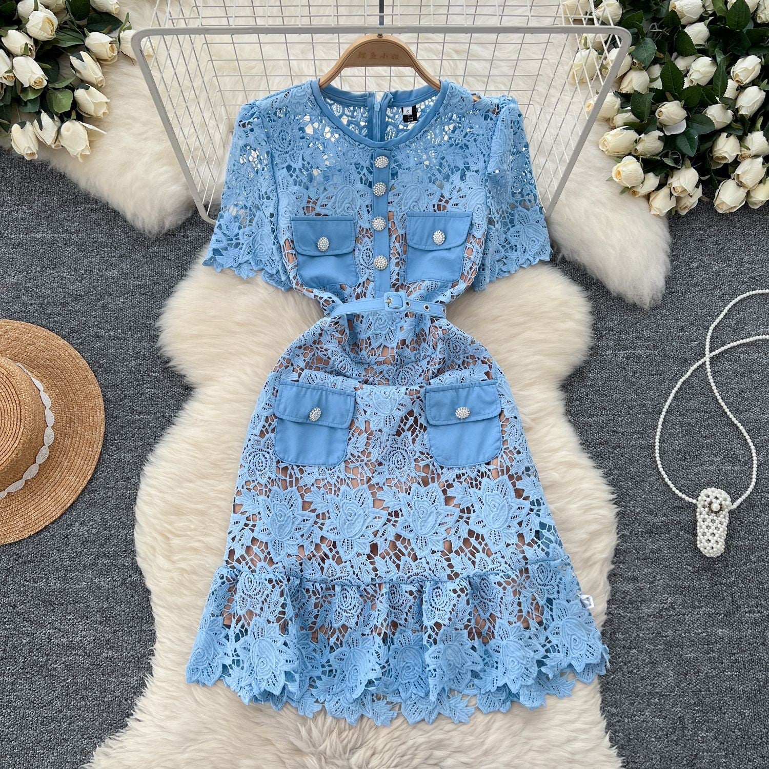 Blue Floral Lace Puff Sleeve Mini Dress with Pockets and Belt L Blue Floral Lace Puff Sleeve Mini Dress with Pockets and Belt L