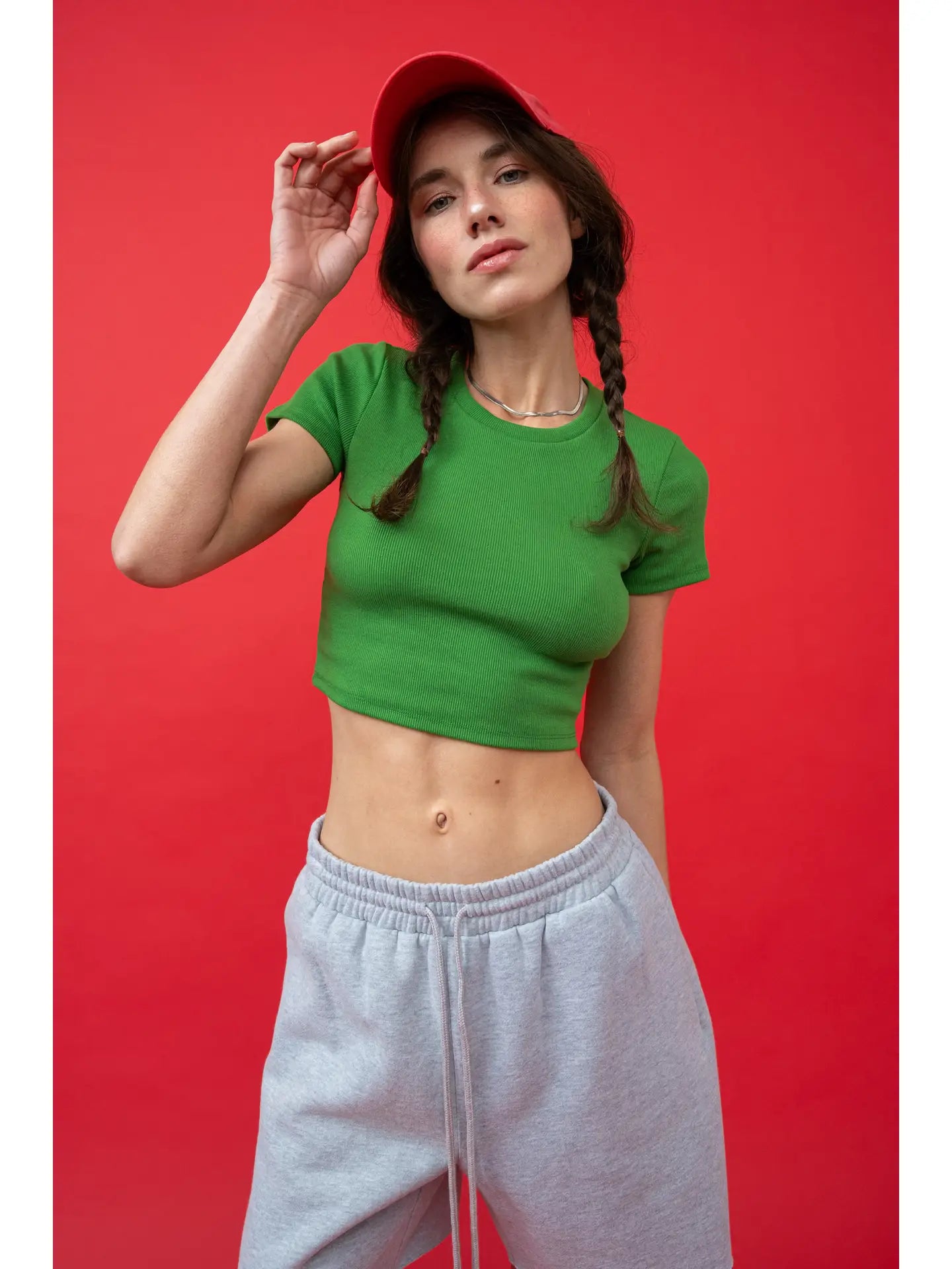 Green Ribbed Cropped Tee
