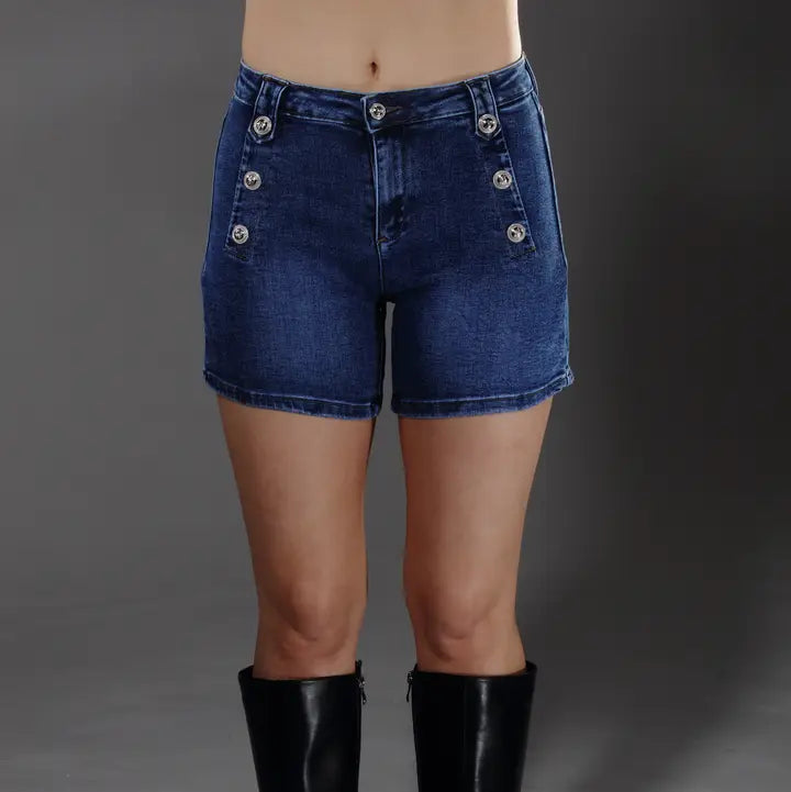 High Waist Button Detail Denim Shorts