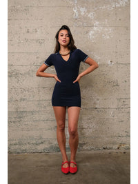 Blue Short Sleeve Polo Collar Mini Dress with Contrast Trim