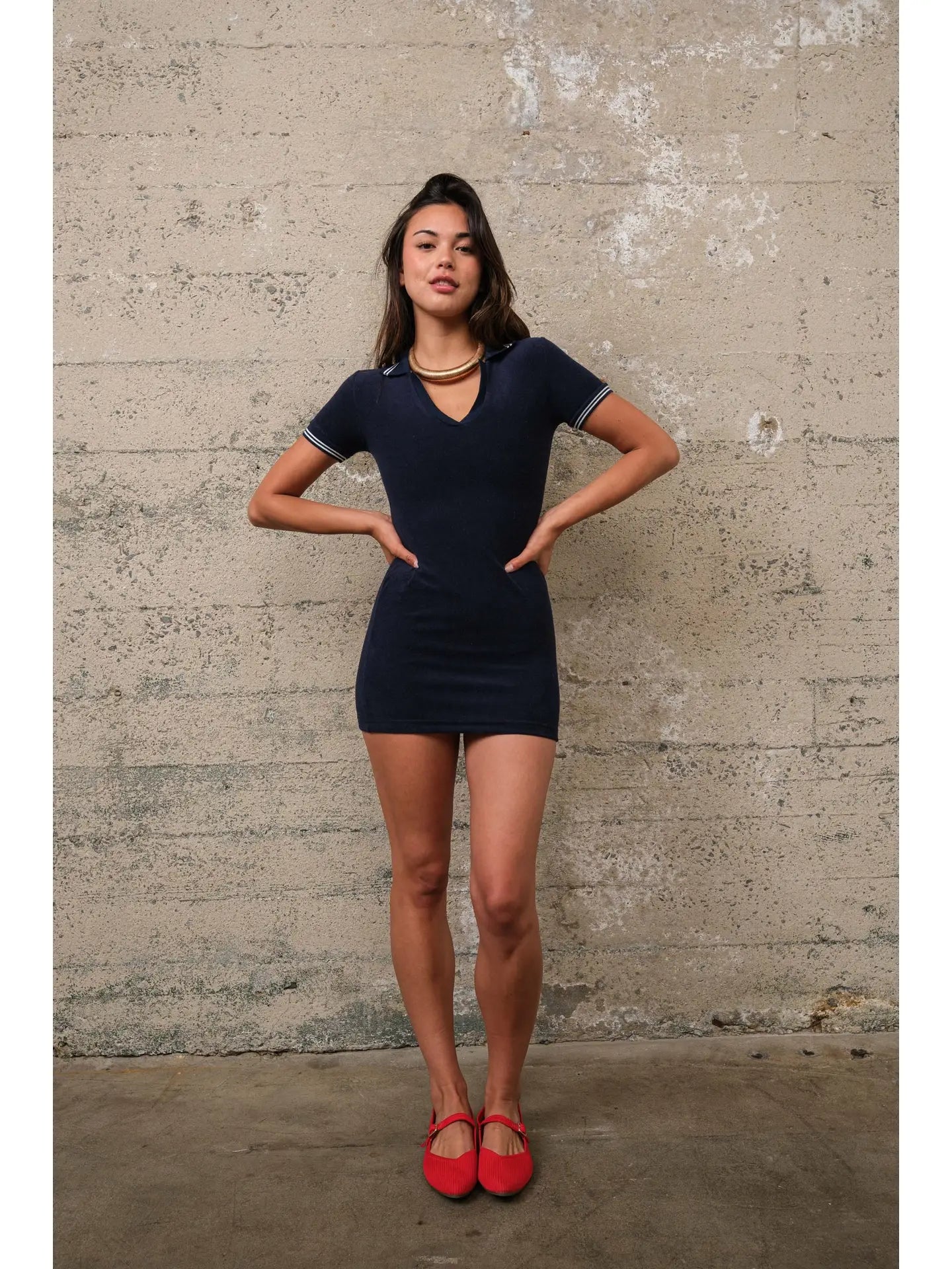 Blue Short Sleeve Polo Collar Mini Dress with Contrast Trim