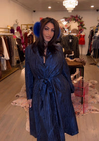Blue Textured Belted Midi Coat