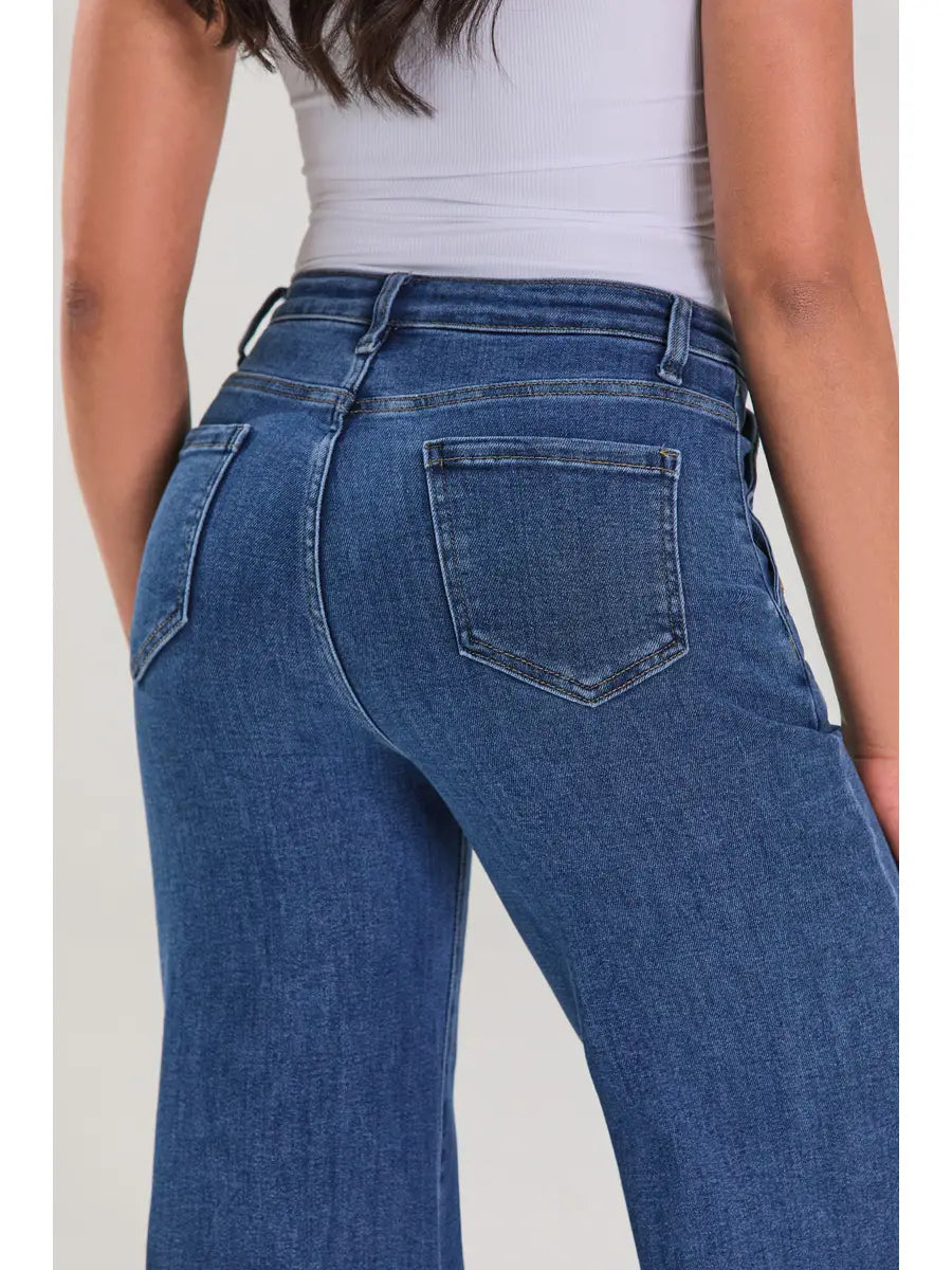 High Waist Button Detail Wide Leg Flare Jeans