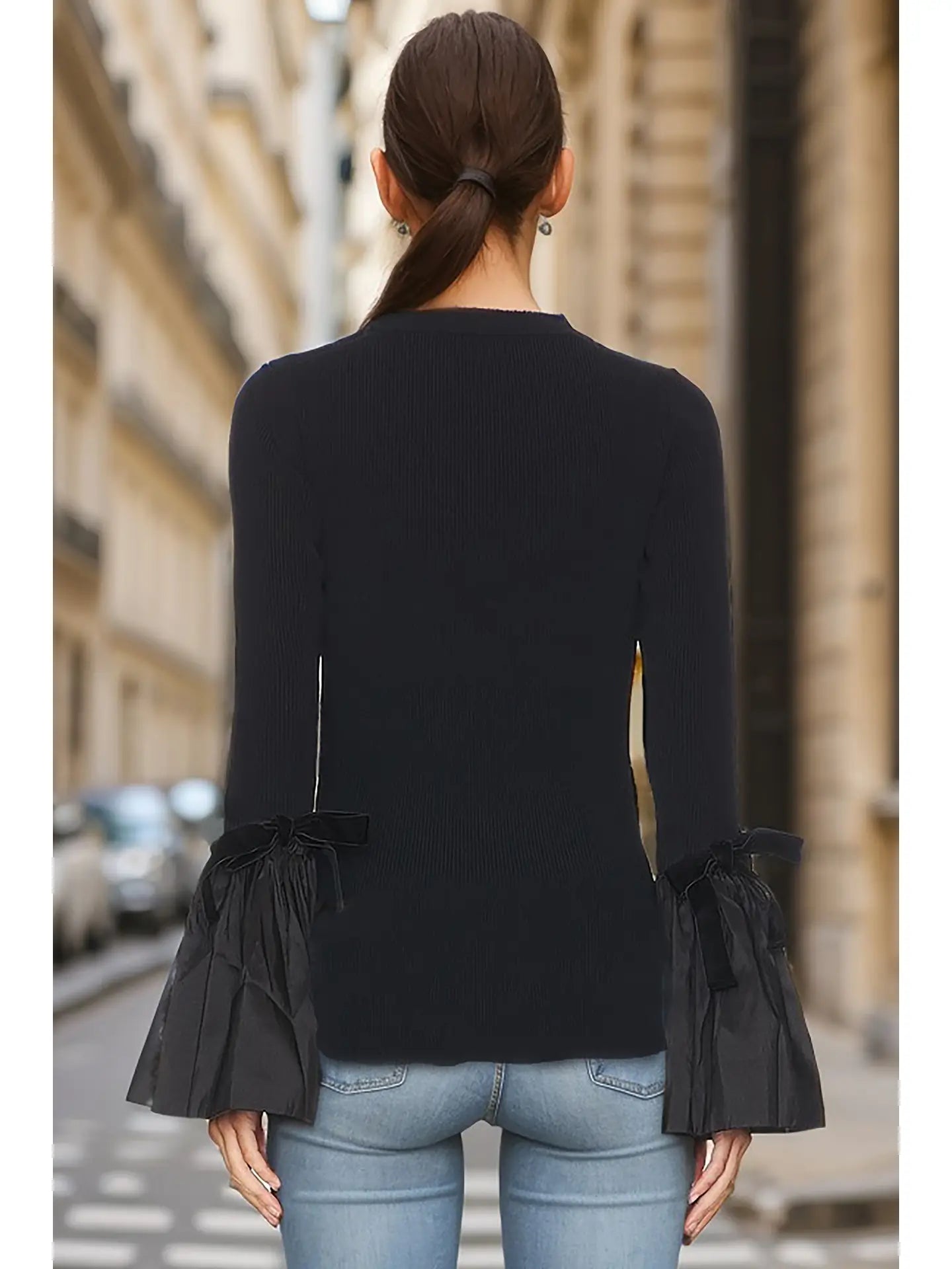 Black Knit Top with Gathered Puff Bell Sleeves