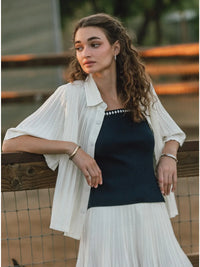 Cream Pleated Button Front Short Sleeve Collared Blouse